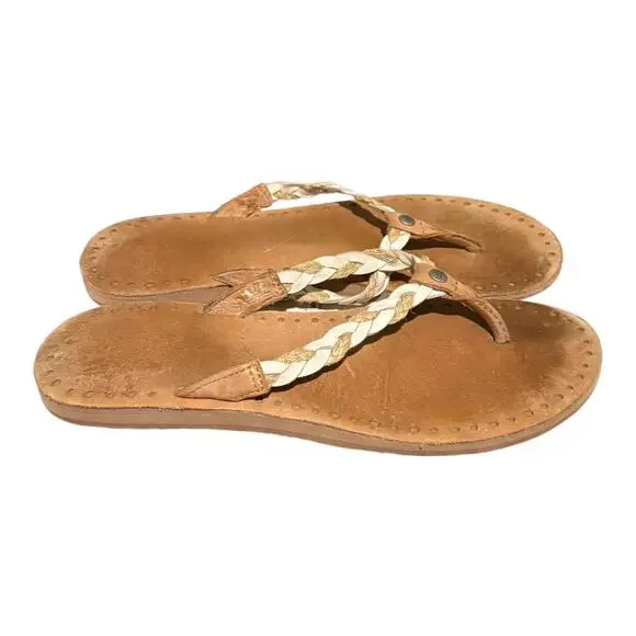 UGG Women's Thong Sandals Size 9 White Brown Flip Flop Braided Leather - Picture 3 of 7